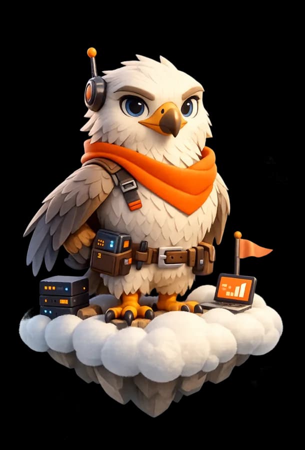 CloudPerch falcon mascot perched on a cloud with managed hosting comms gear